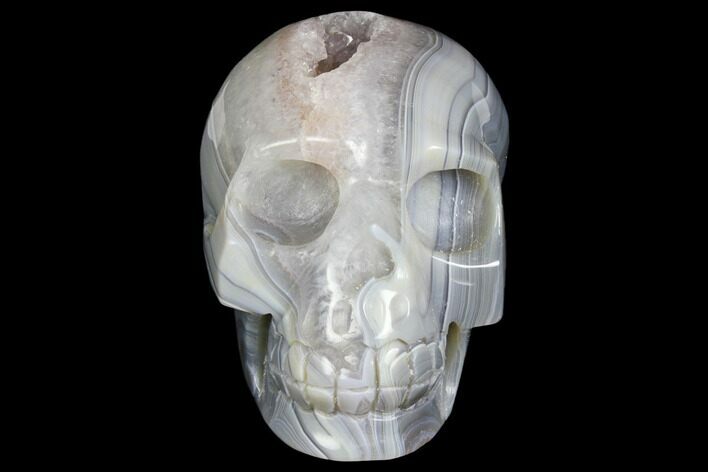 Polished Blue Agate Skull with Quartz Crystal Pocket #148095